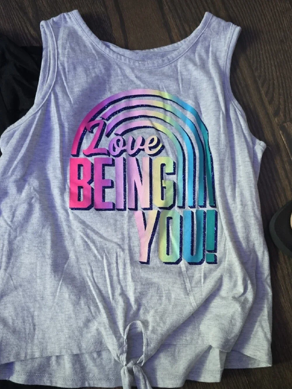 Justice Black Graphic Tee & Light Gray Tie-Front Tank Set with Rainbow Print